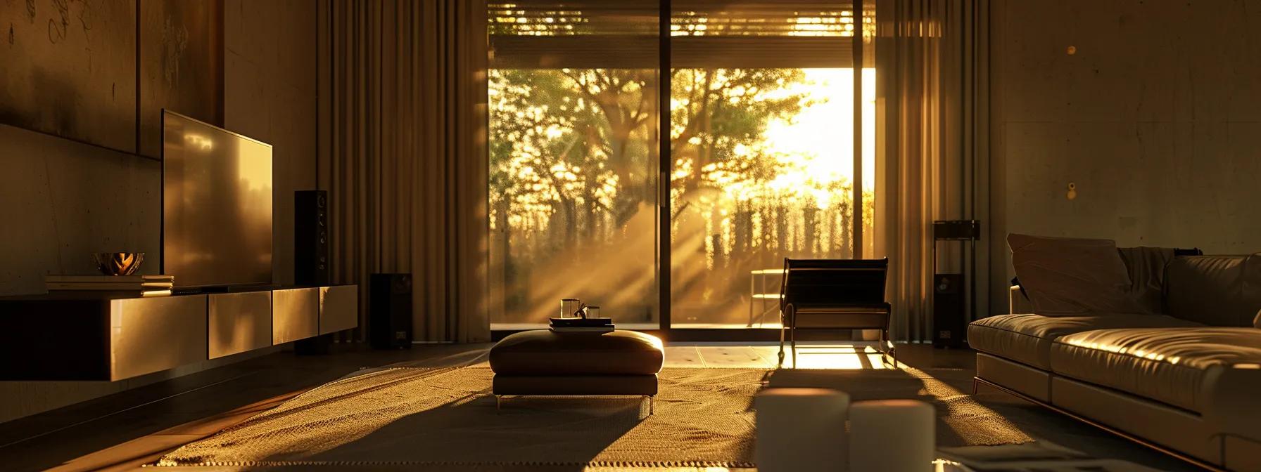 a stylish, modern living room featuring a newly installed sliding glass door that showcases sleek lines and energy-efficient glass, bathed in warm indoor lighting, emphasizing the door's aesthetic appeal and security features.