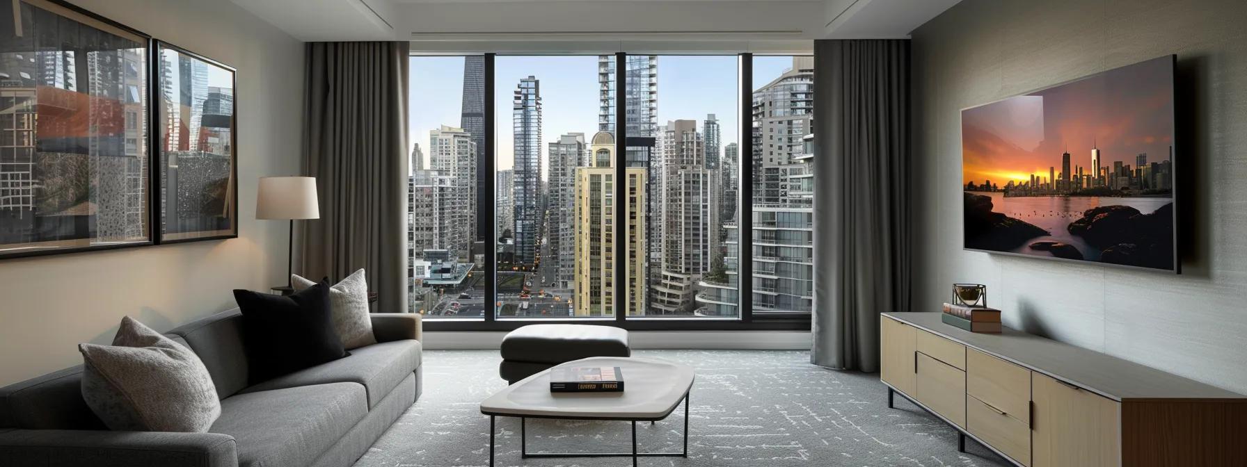a modern, elegantly decorated living room showcases a sleek sliding glass door that opens to a vibrant urban landscape, highlighting its transformative appeal through before-and-after customer testimonials displayed in sleek frames on the wall.